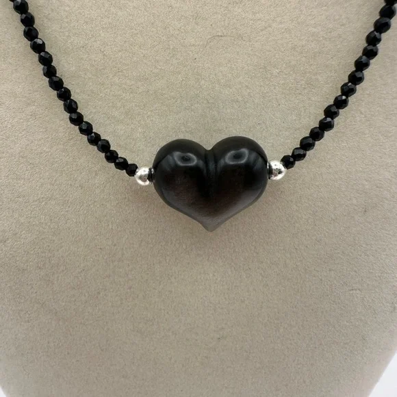 Silver Sheen Obsidian Heart Pendant Beaded Necklace - Picture 5 of 8
